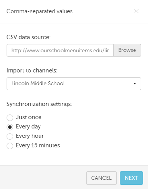 Menu Sources - CSV File Layout