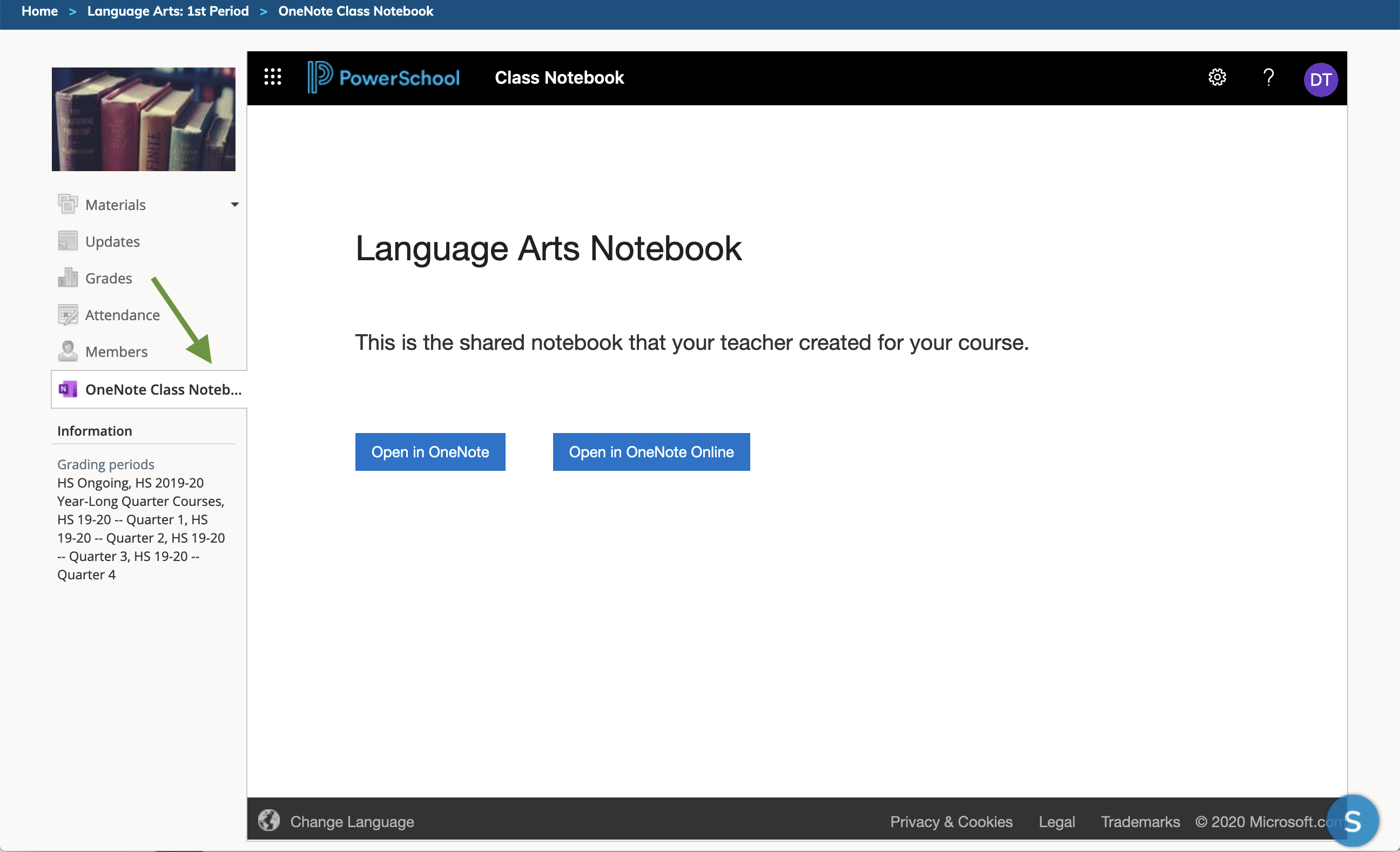 The OneNote Class Notebook app in a student's course profile, displaying the options to open in OneNote Desktop or OneNote Online