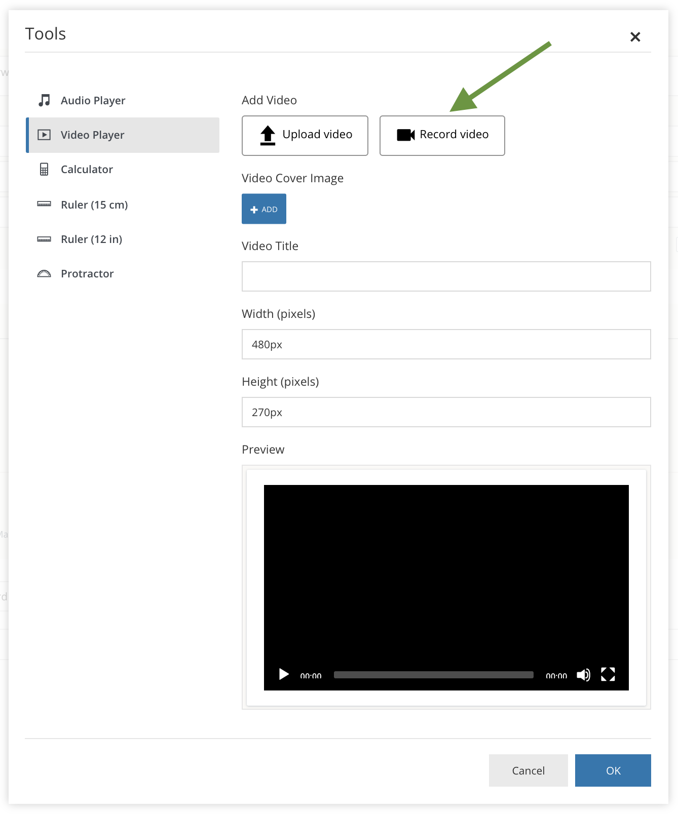 Tools modal with options to select Video Player and record audio.