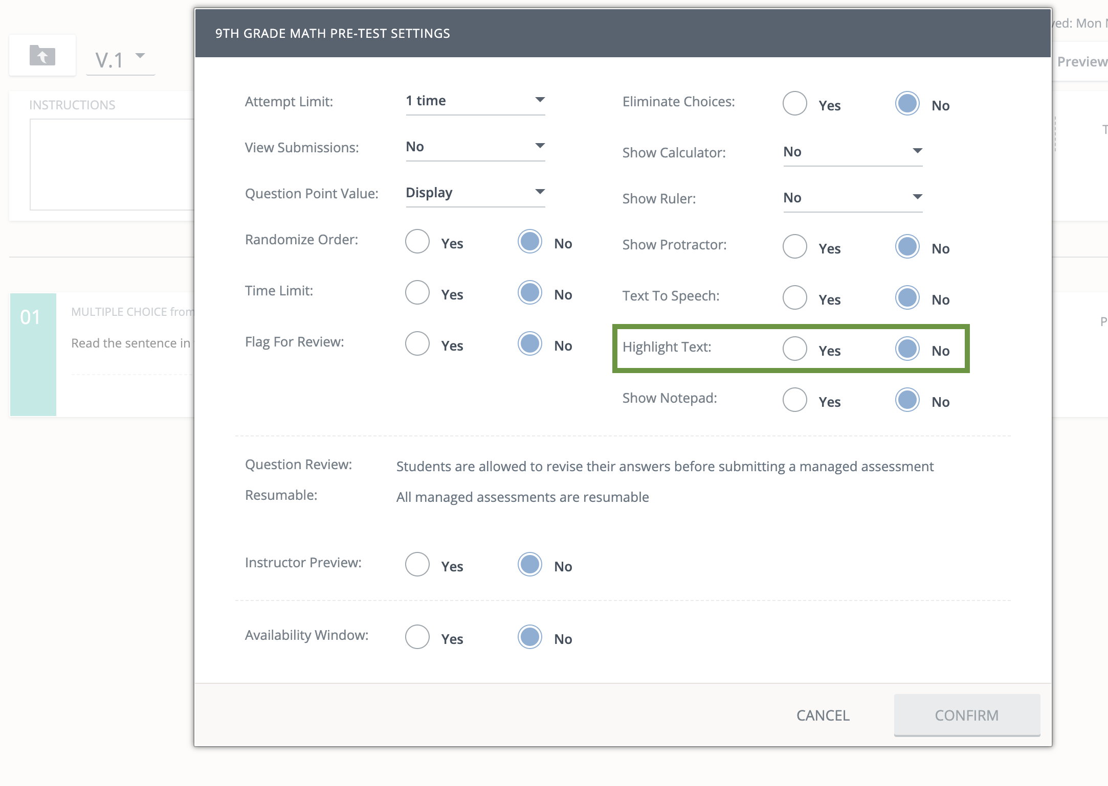 The Highlight Text setting outlined in the Settings area of a managed assessment