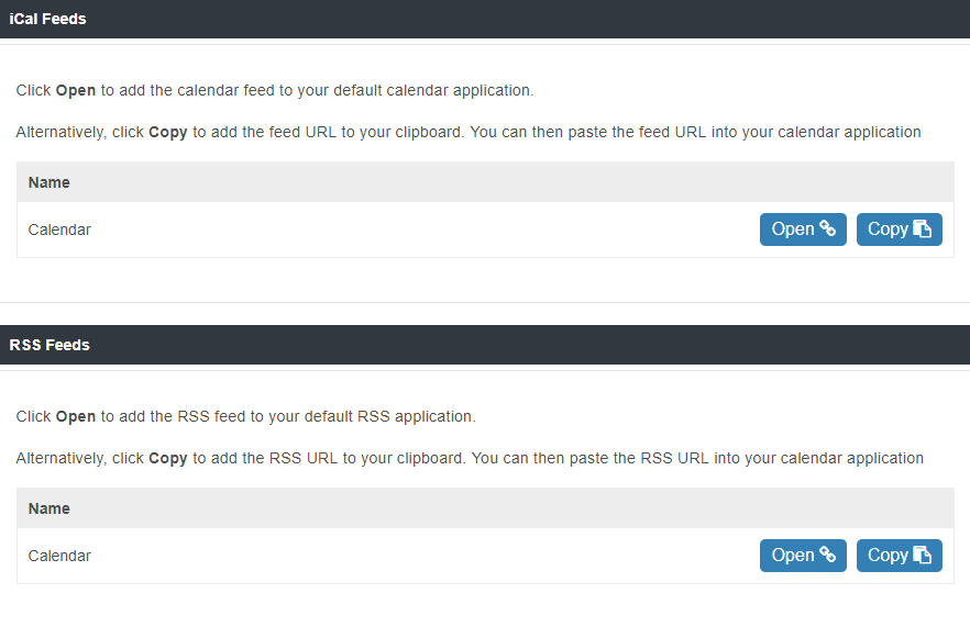 Calendar Feeds options - iCal and RSS Feeds
