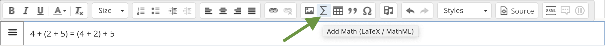 The toolbar with the math editor option.