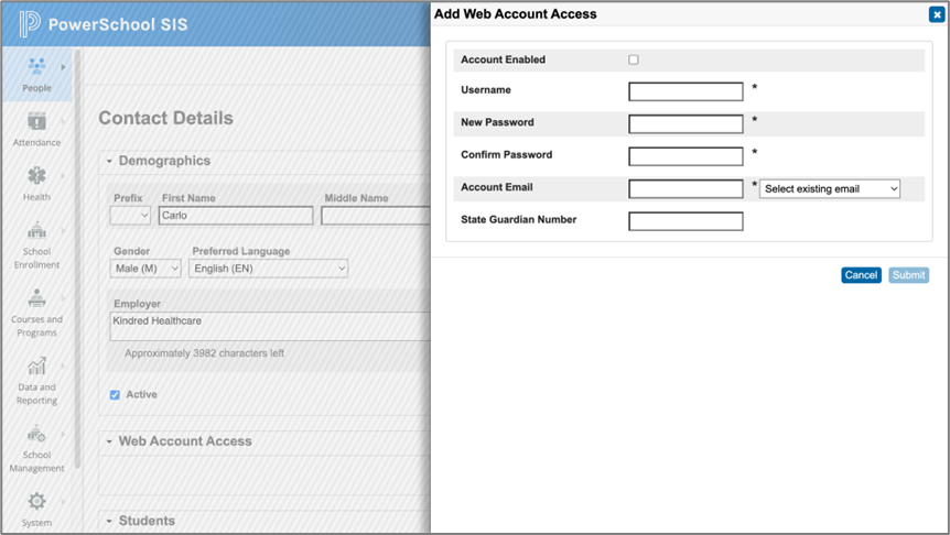 The Add Web Account Access form from the contact details.