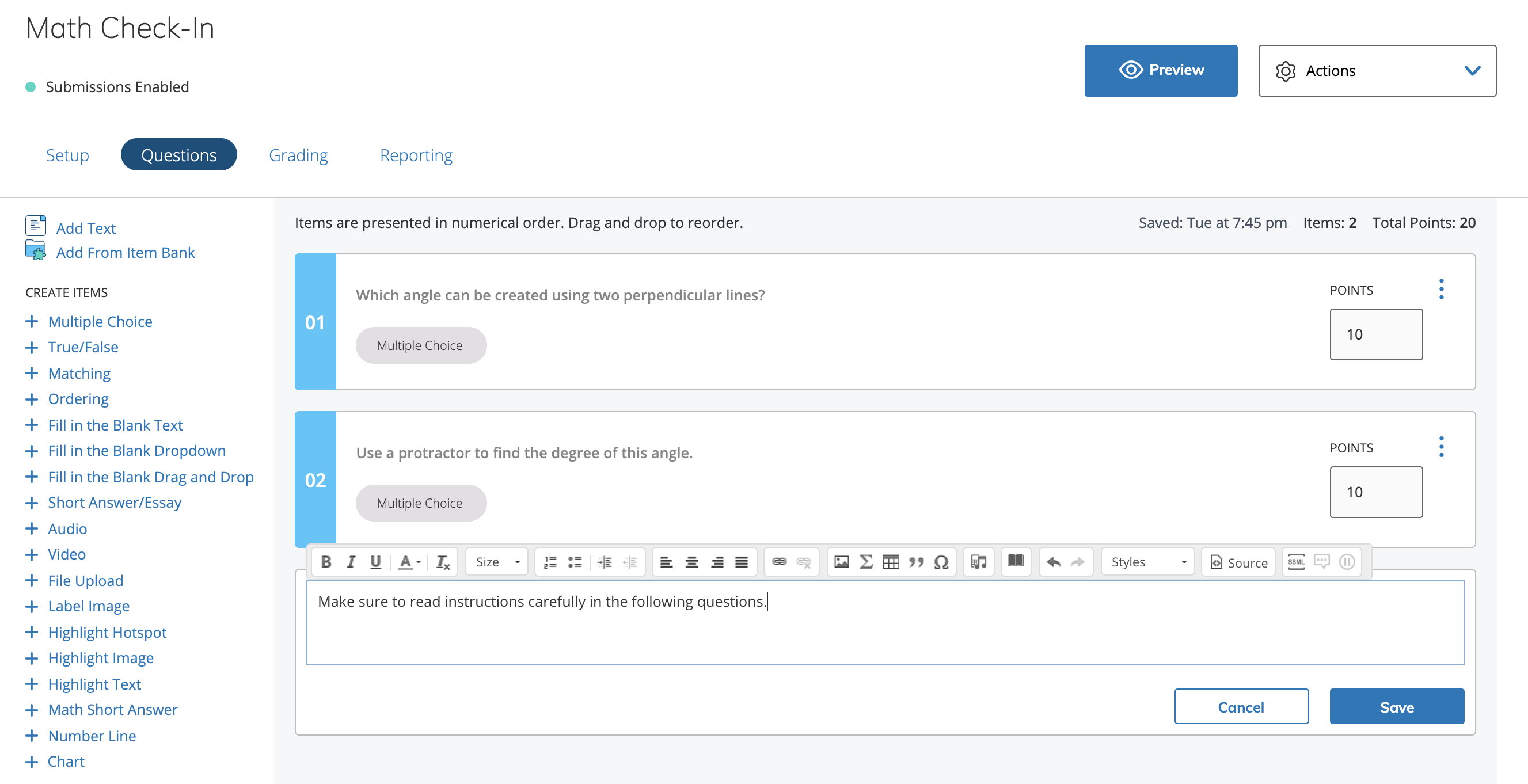 Sample text instruction blocks between questions to create sections and add guidance for students.