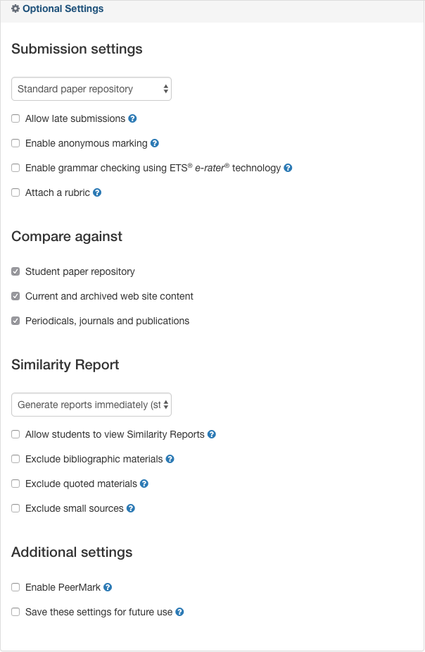 The Optional Settings including options for Submission settings, Compare against, Similarity Report, and Additional settings.