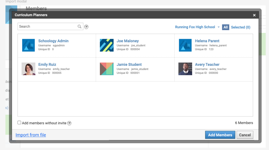 The Add Members page of a group with the option to Import from file