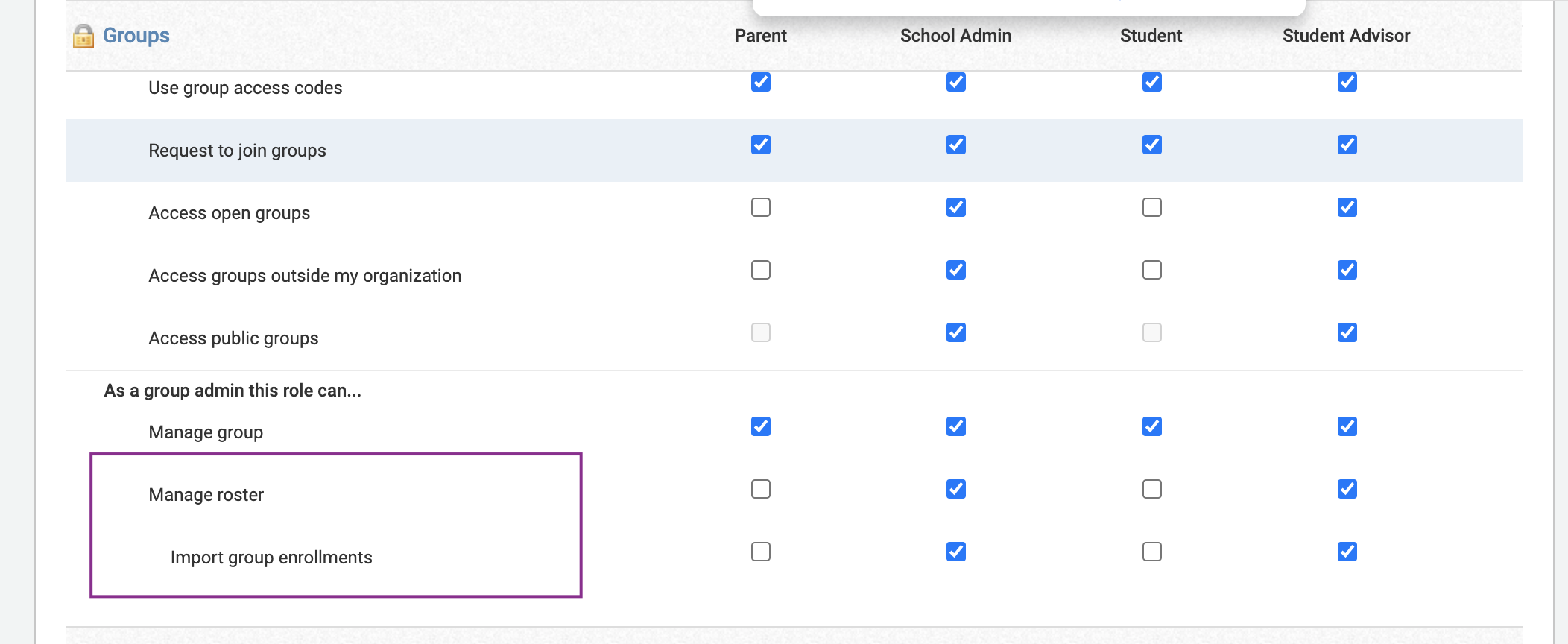 Groups related permissions with Manage roster and Import group enrollments permisisons highlighted