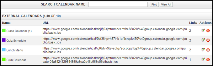Manage External Calendars window