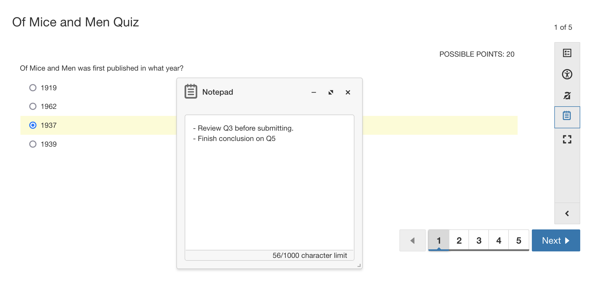 Assessment question with the Notepad tool in use