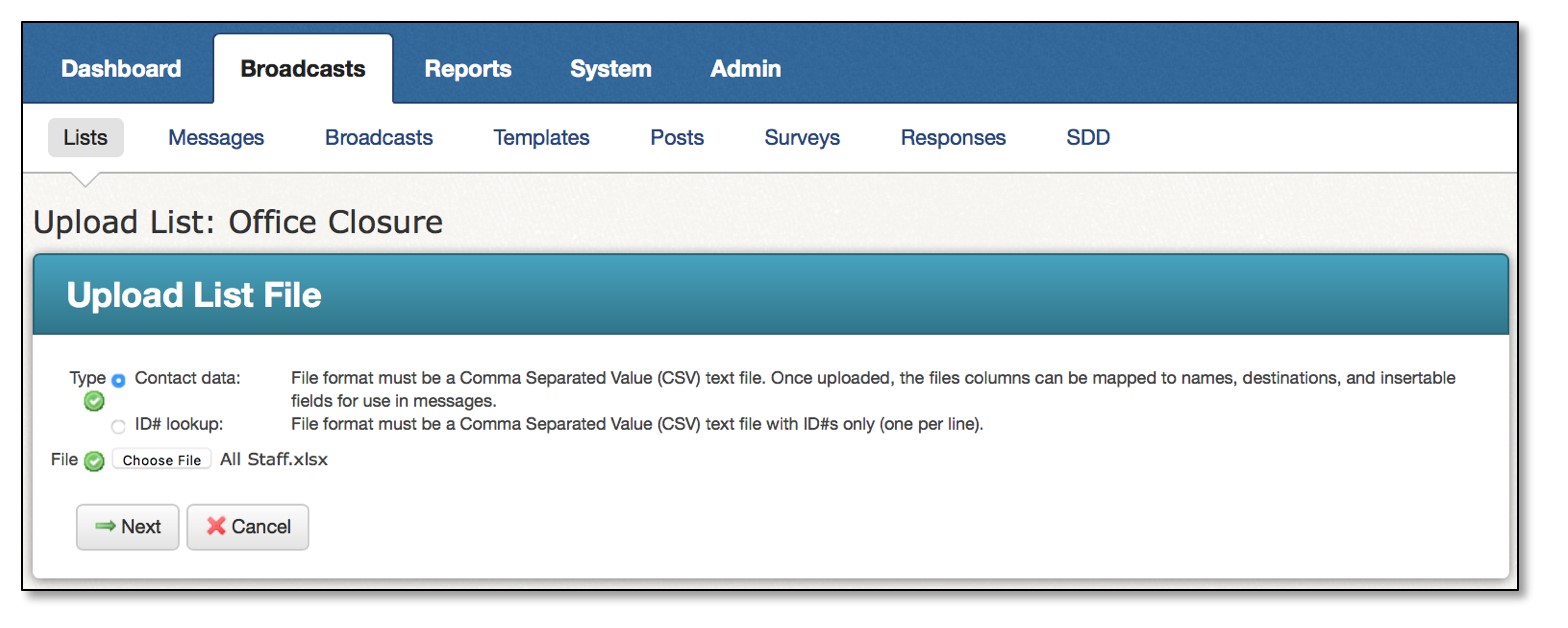 Broadcasts - Lists - Upload List File window