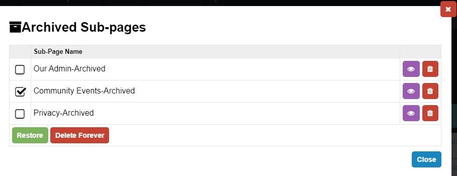 Archived Sub-pages window