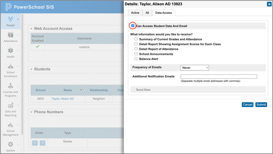 The Data Access section of student details with the option to grant data access selected.