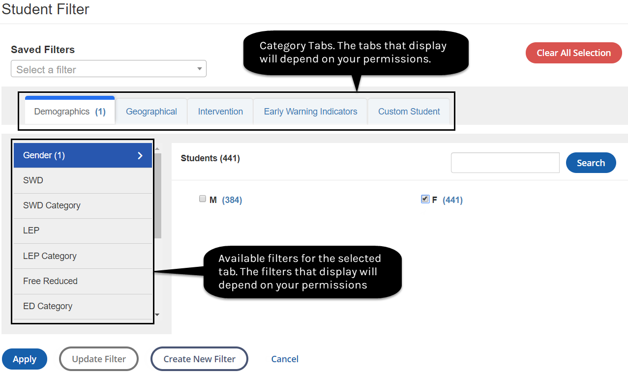 Available categories and filters depend on your permissions