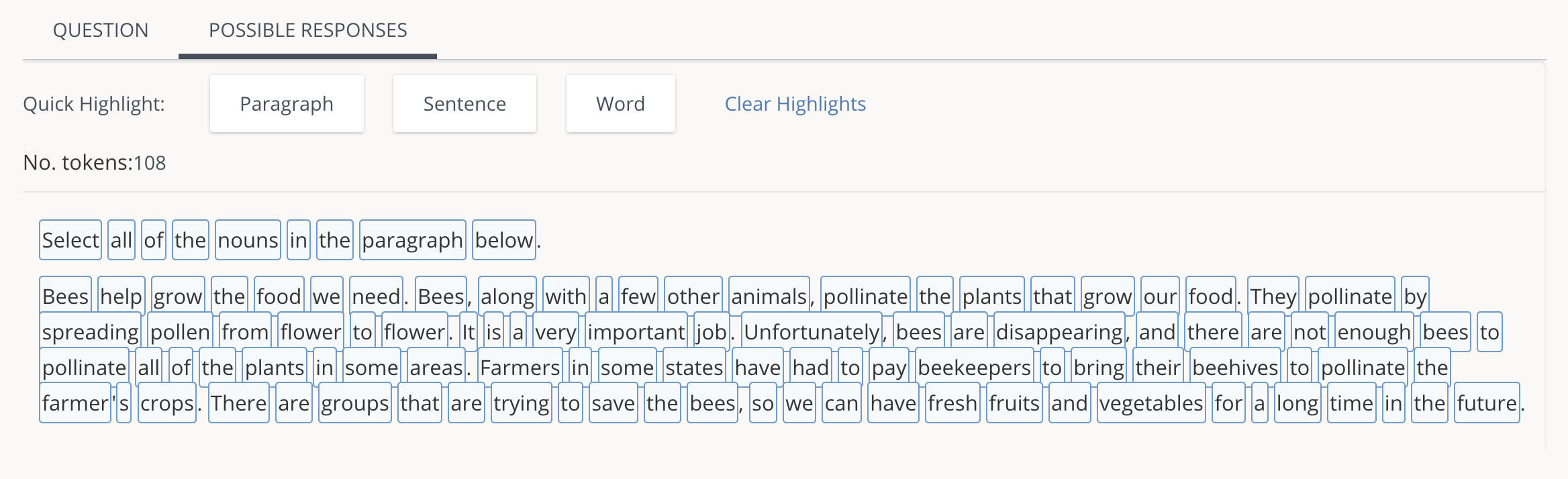 The Possible Responses section with quick highlight options and individual pieces of highlighted text.