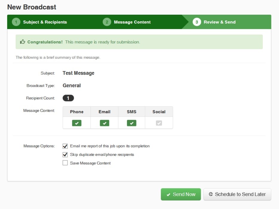 New Broadcast - Review and Send window