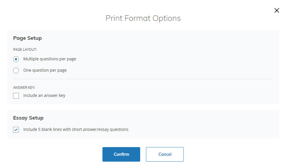 Print Format Options modal showing layout choices and the option to include an answer key