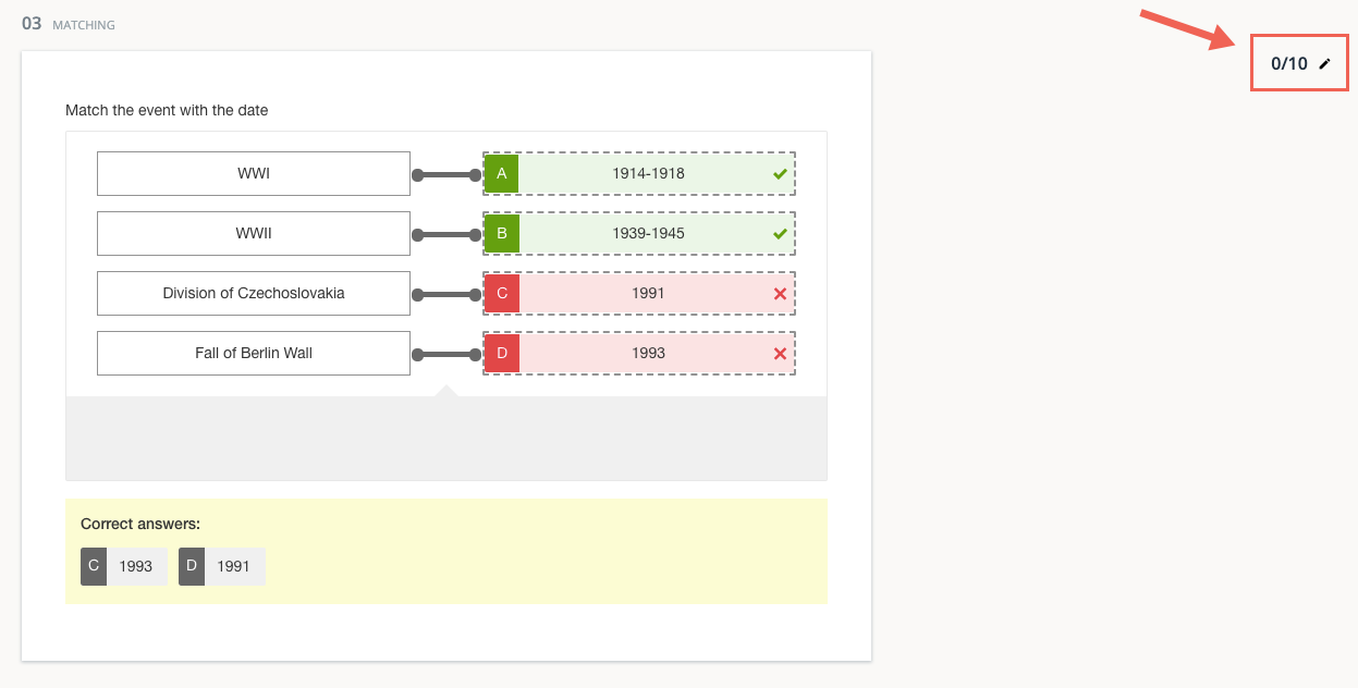 An example of Automatic scoring for a Matching question with Partial Match scoring enabled and Penalty Score set to 100.