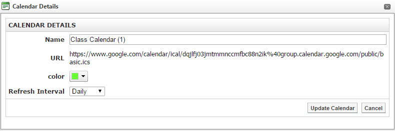 Update Calendars details window