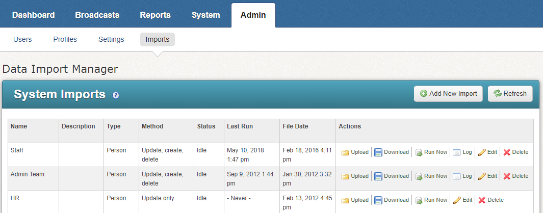 Admin - Imports window