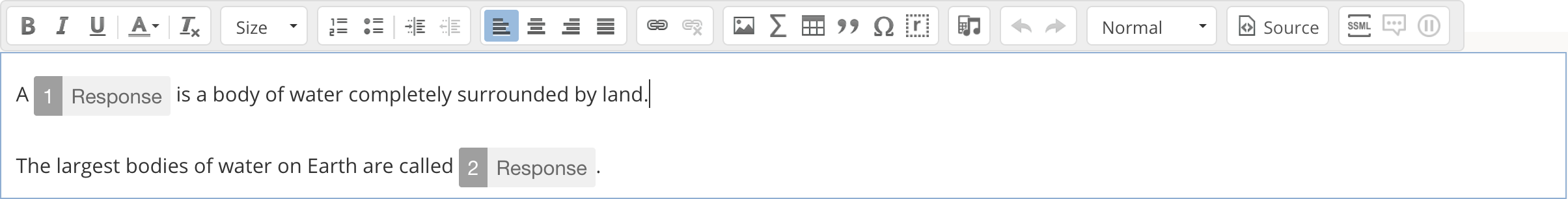 The Question setup field with two response blanks generated in the content.