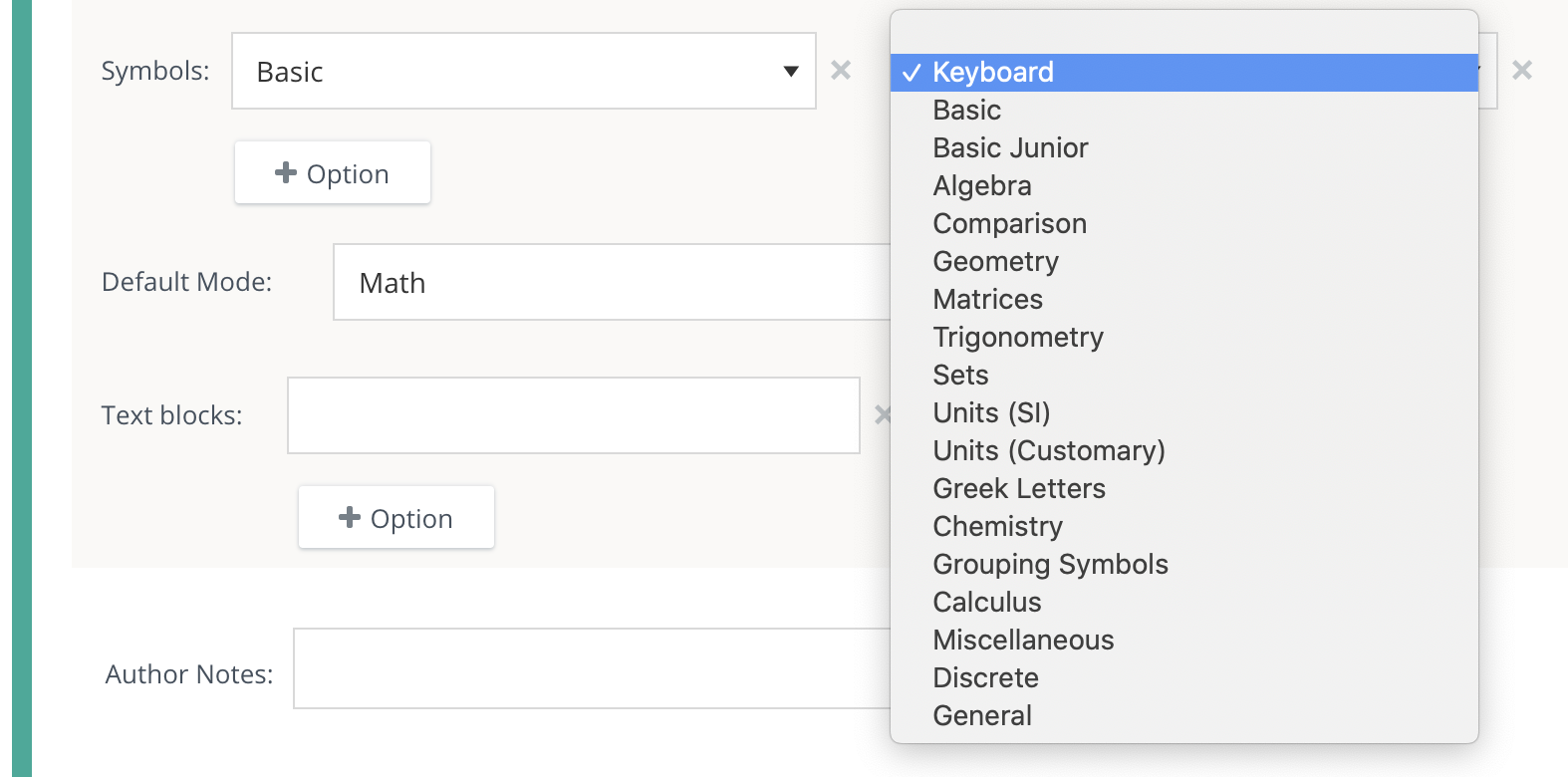 The Symbols fields with Basic selected and the list of all keyboard options displayed.