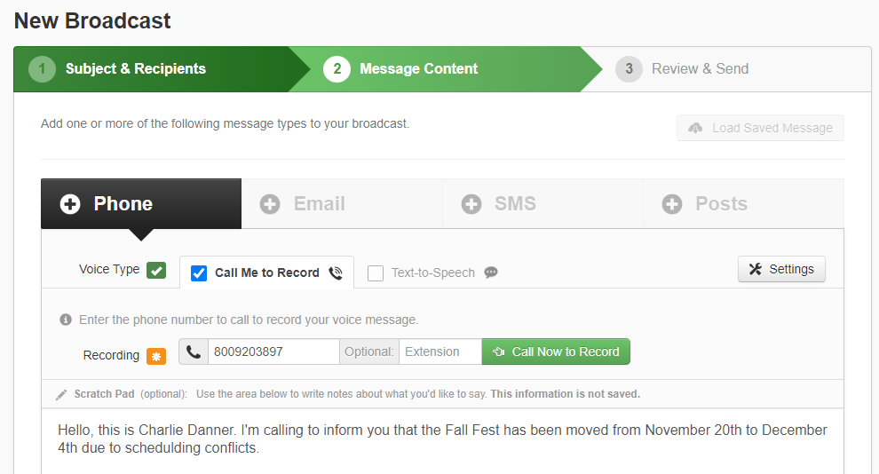 New Broadcast - Message Content tab