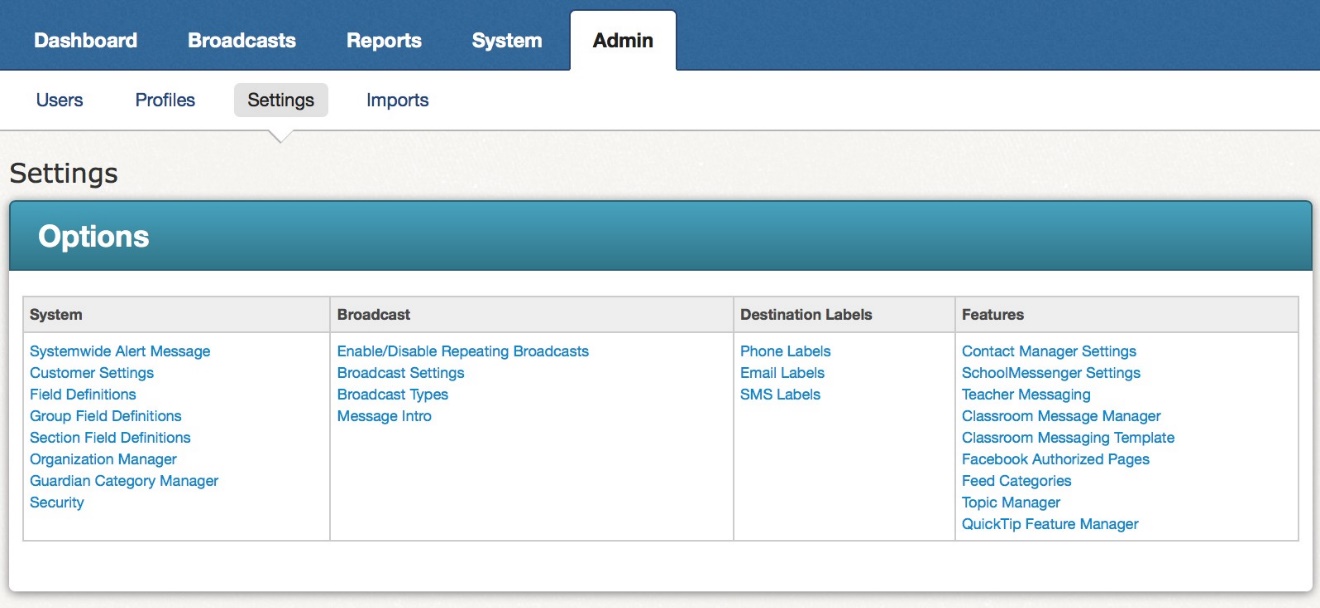 Admin - Settings window
