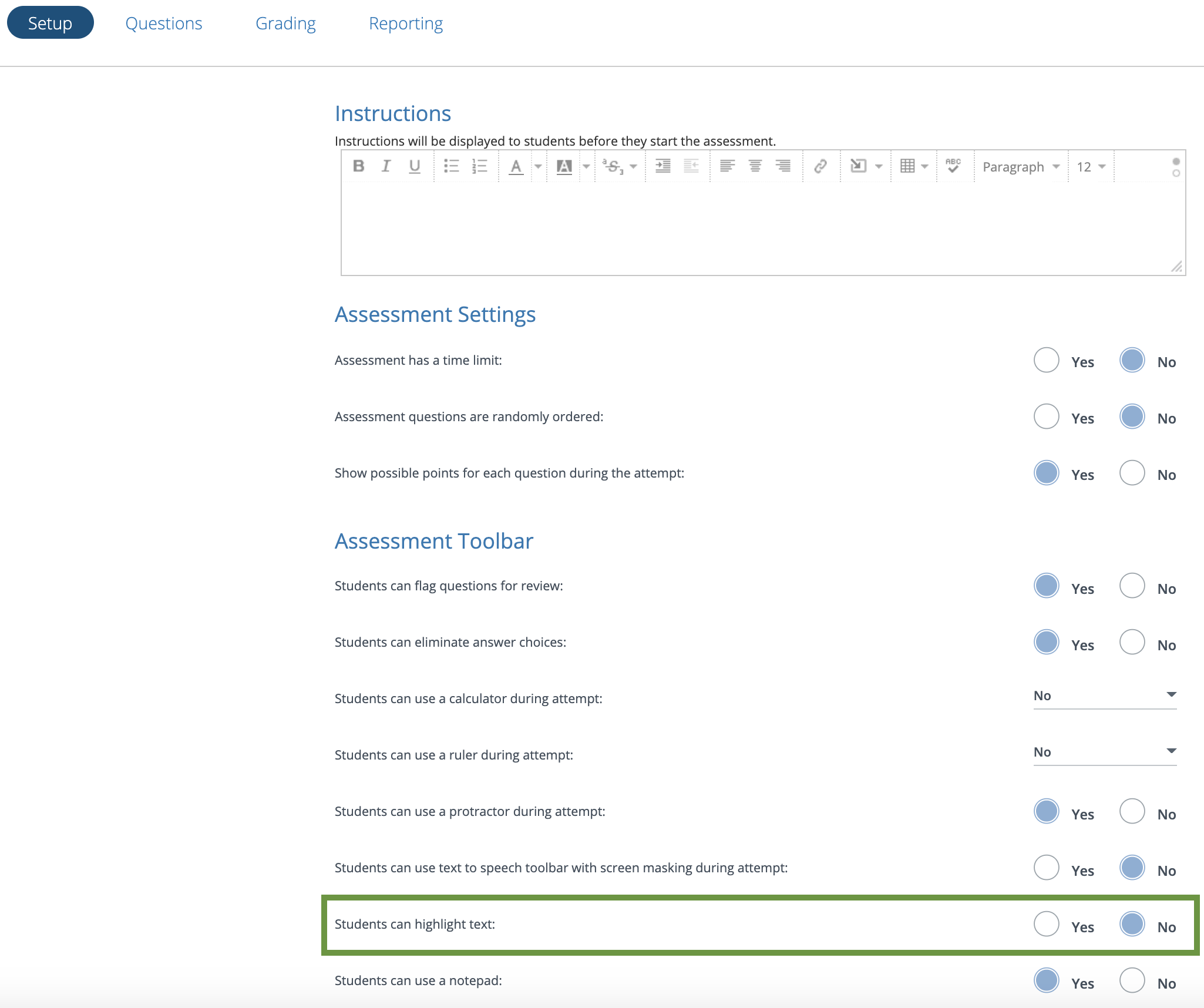 The assessment set up page with Students can highlight text setting outlined