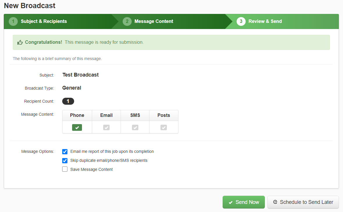 New Broadcast - Review and Send tab