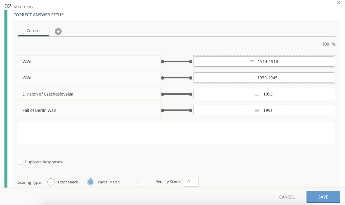 An example of a Correct Answer Setup for a sample Matching question.
