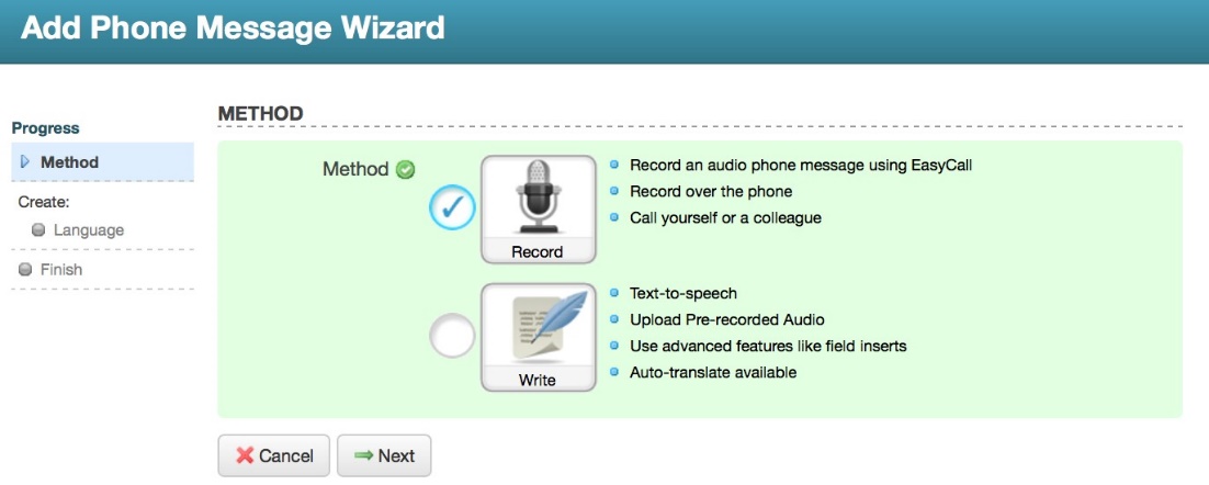 Add Phone Message Wizard - Method window