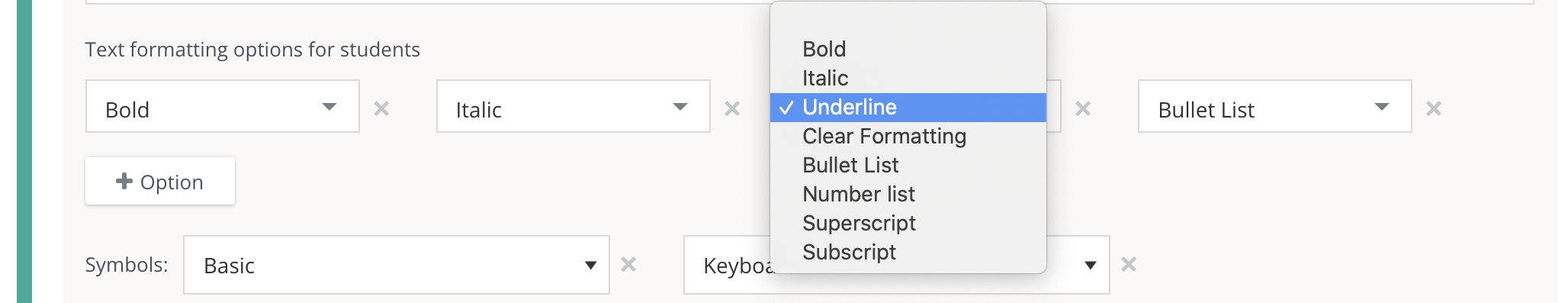 The list of text formatting options for students