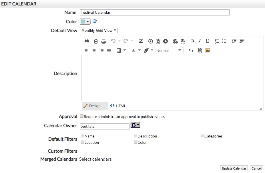 Edit Calendar window
