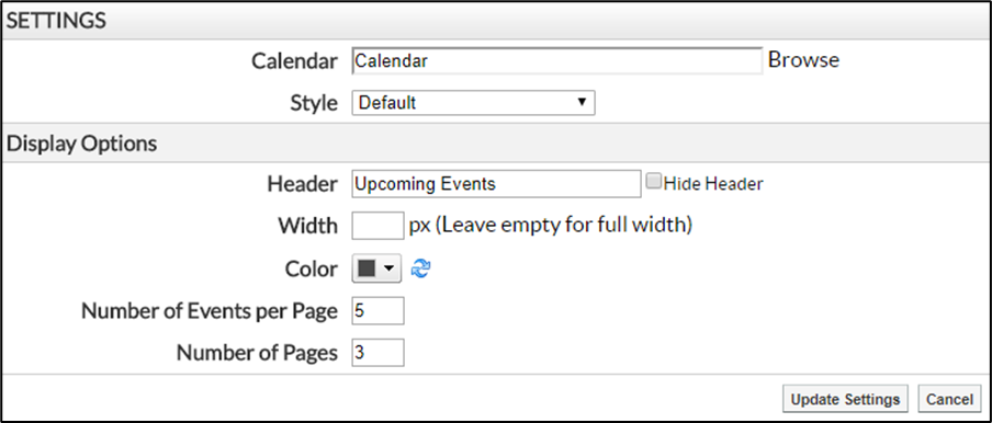 Upcoming Events - Settings window
