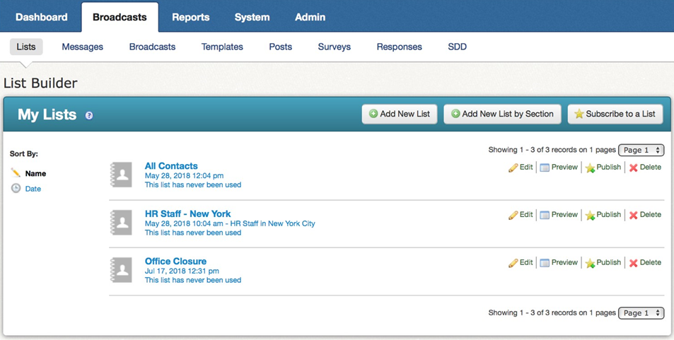 Broadcasts - Lists - My Lists window