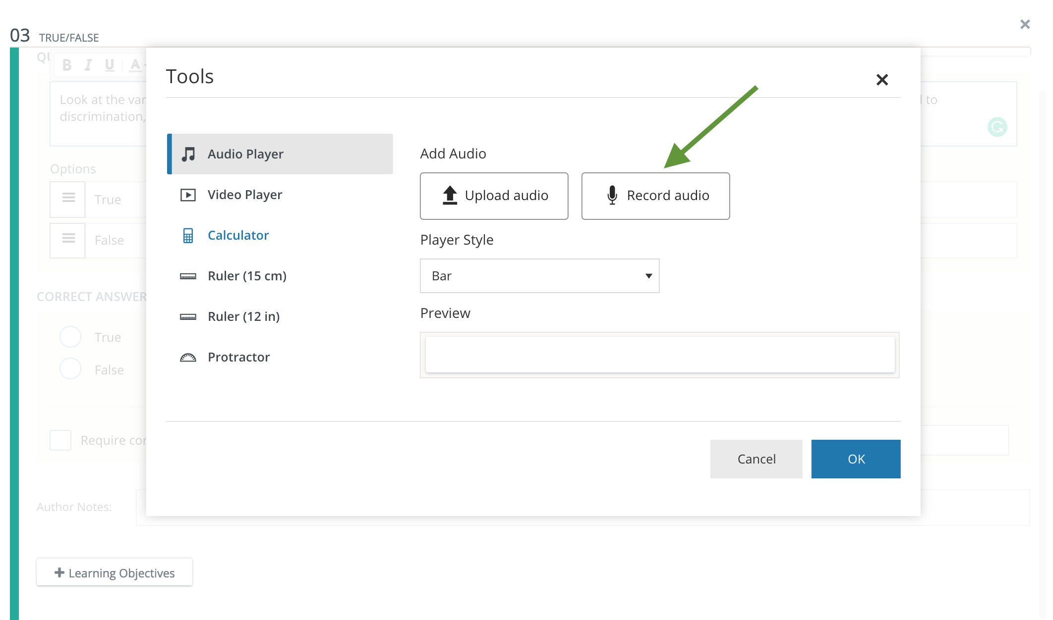 Tools modal with options to select Audio Player and record audio.