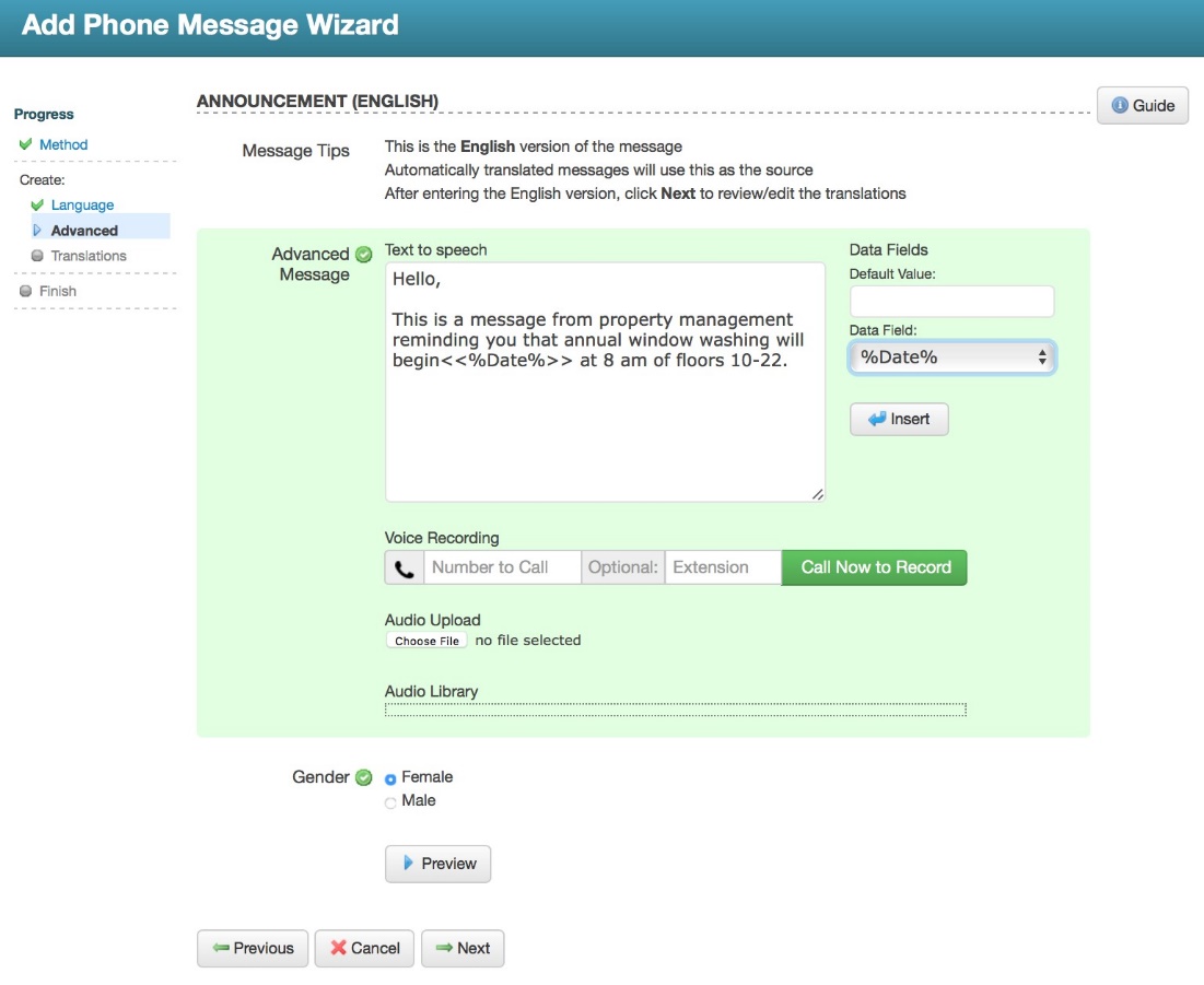Add Phone Message Wizard - Advanced window