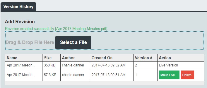 Version History with Live Version window
