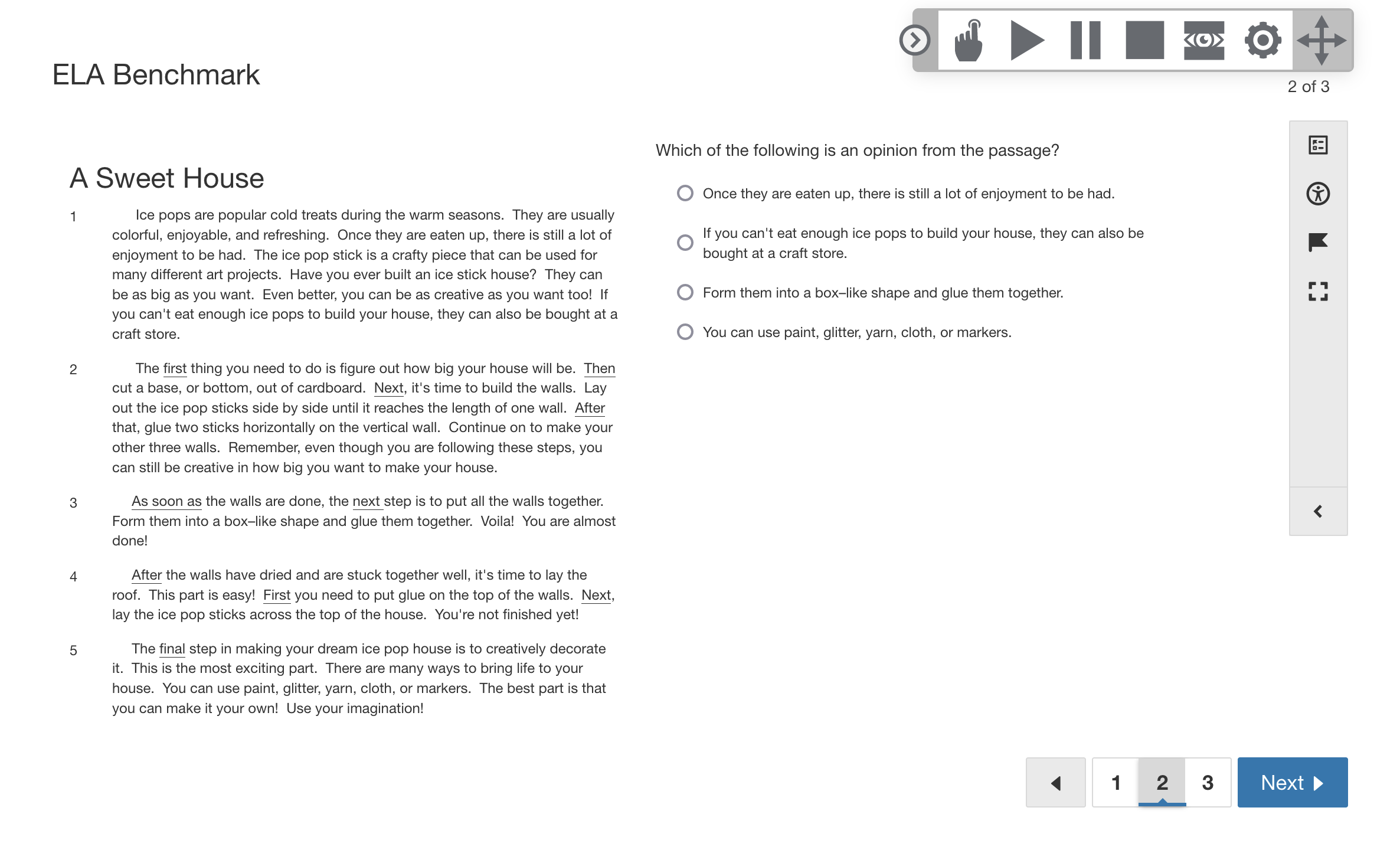 An assessment displaying the text-to-speech toolbar