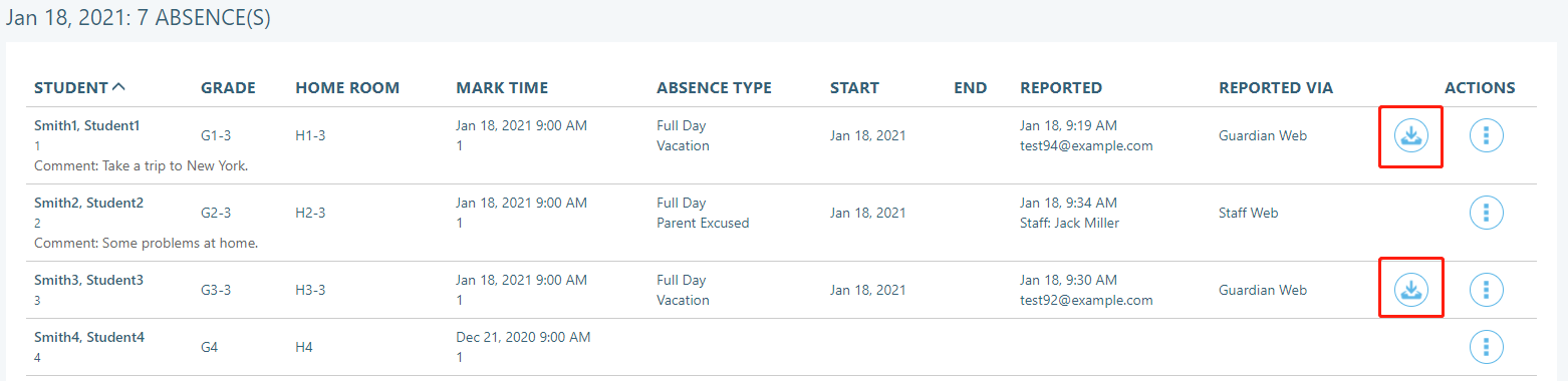 Absences page sample - 2