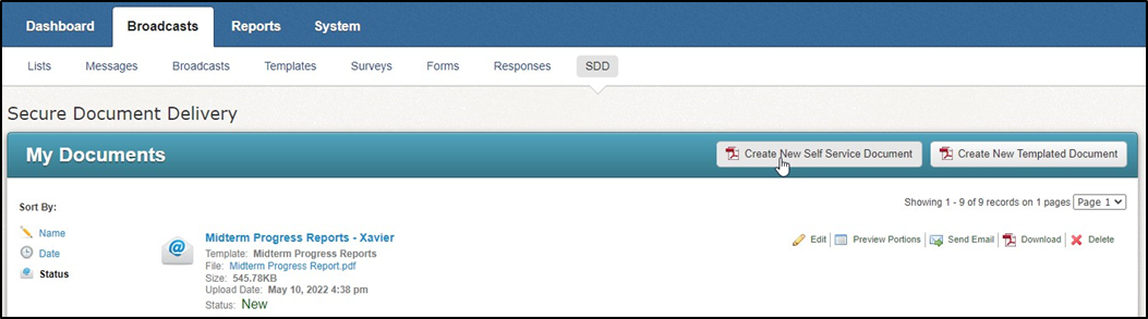 Broadcasts - Secure Document Delivery (SDD) page