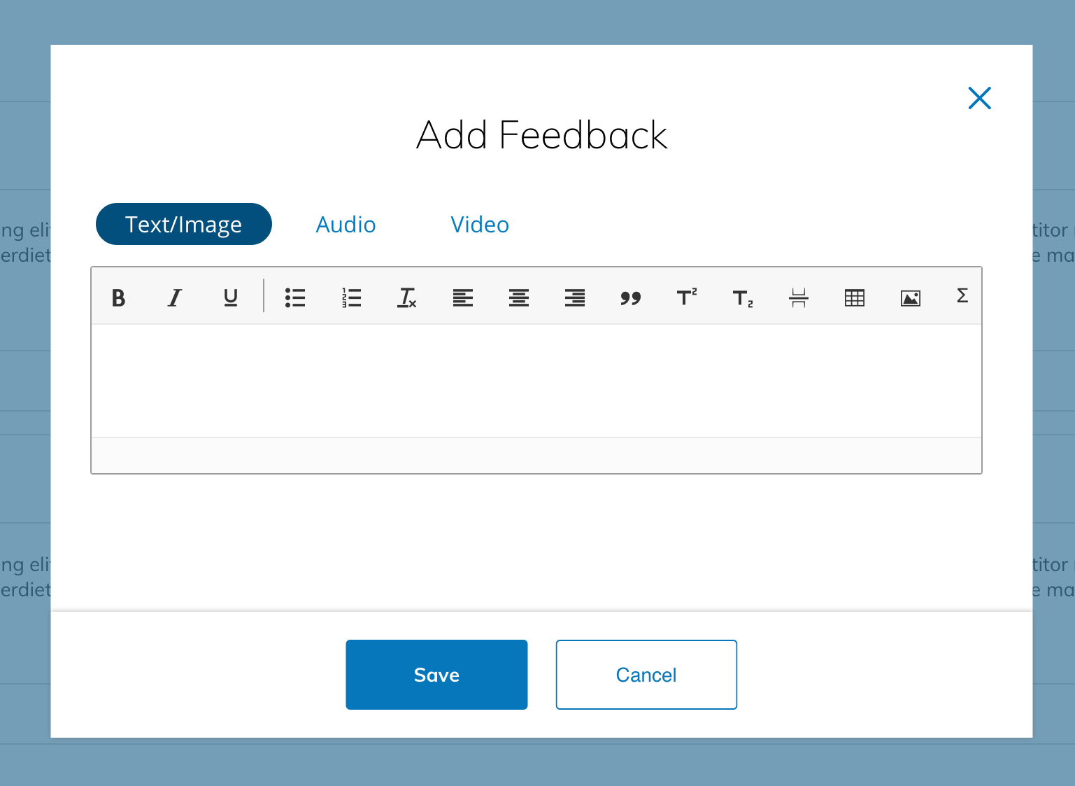 The Add Feedback card with options to leave text, image, audio, or video comments and the options to Save or Cancel.