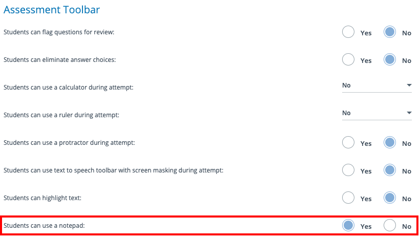 Assessment Toolbar section of the Setup page with the option Students can use a notepad set to Yes