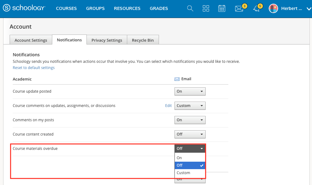 The Notifications area calling out the Course Materials Overdue setting