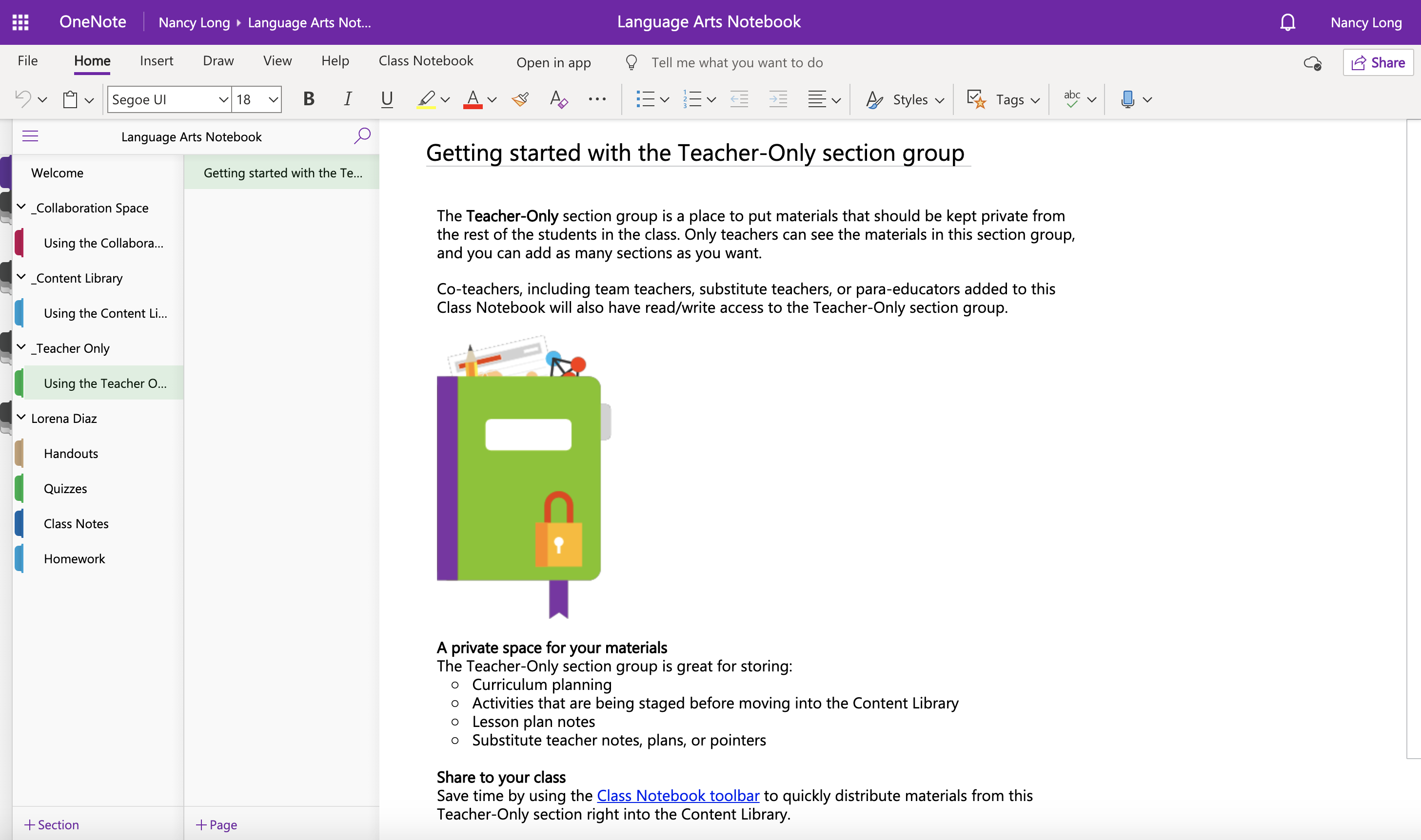 The instructor view of a OneNote Class Notebook with sections and students' notebooks in the menu