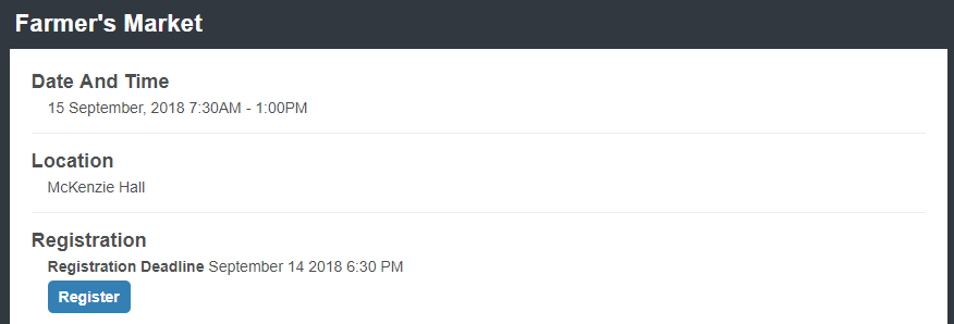 Register Event window