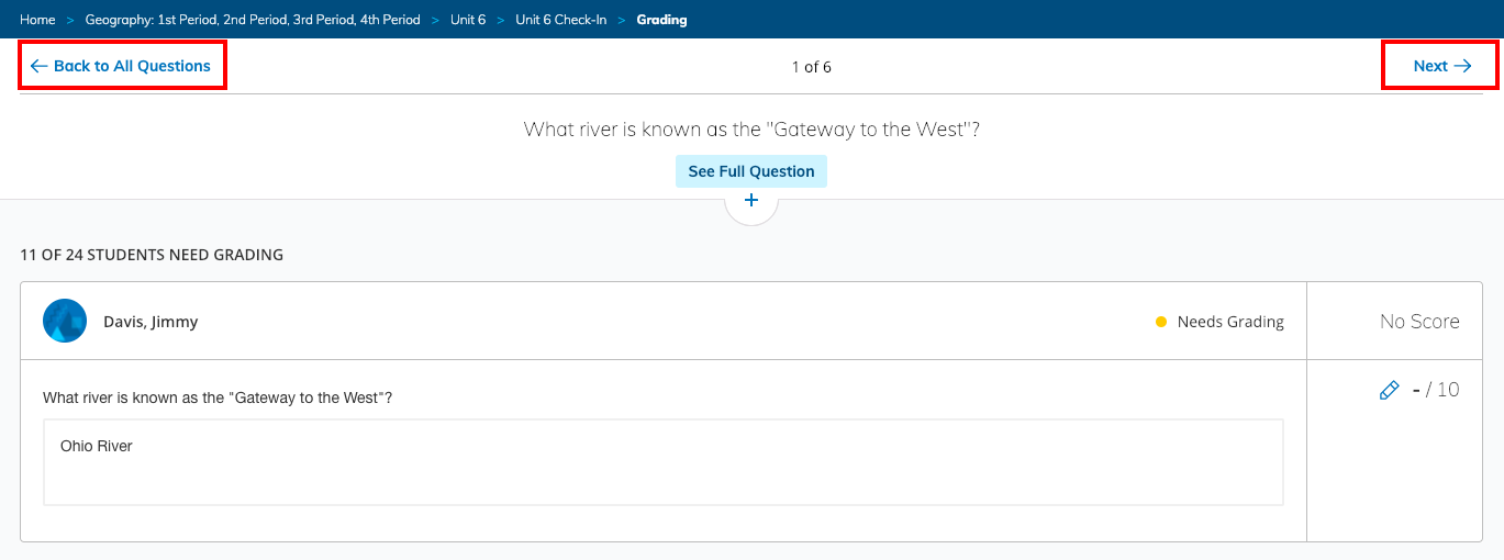 A student submission page showing the options for Next or Back to All Questions.