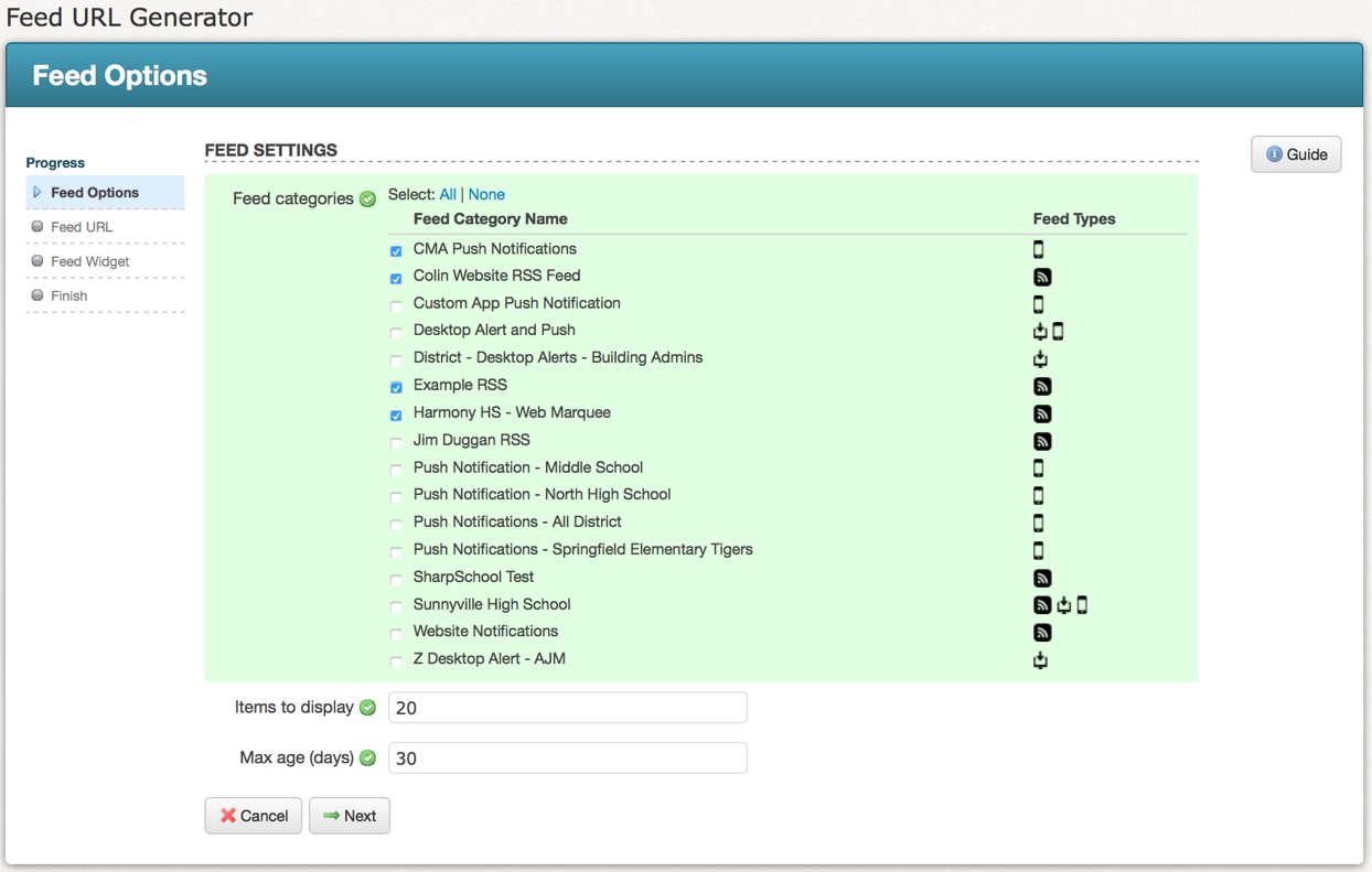 Feed URL Generator - Feed Options window