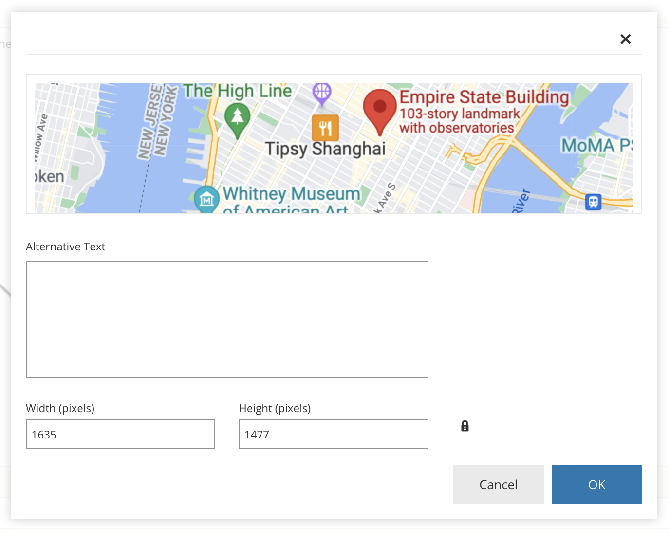 Image settings panel showing fields to add alt text and adjust image width and height.
