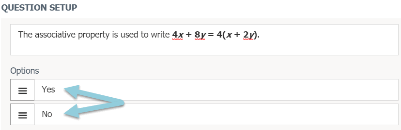 The Question Setup section calling out alternative text entered in Options.